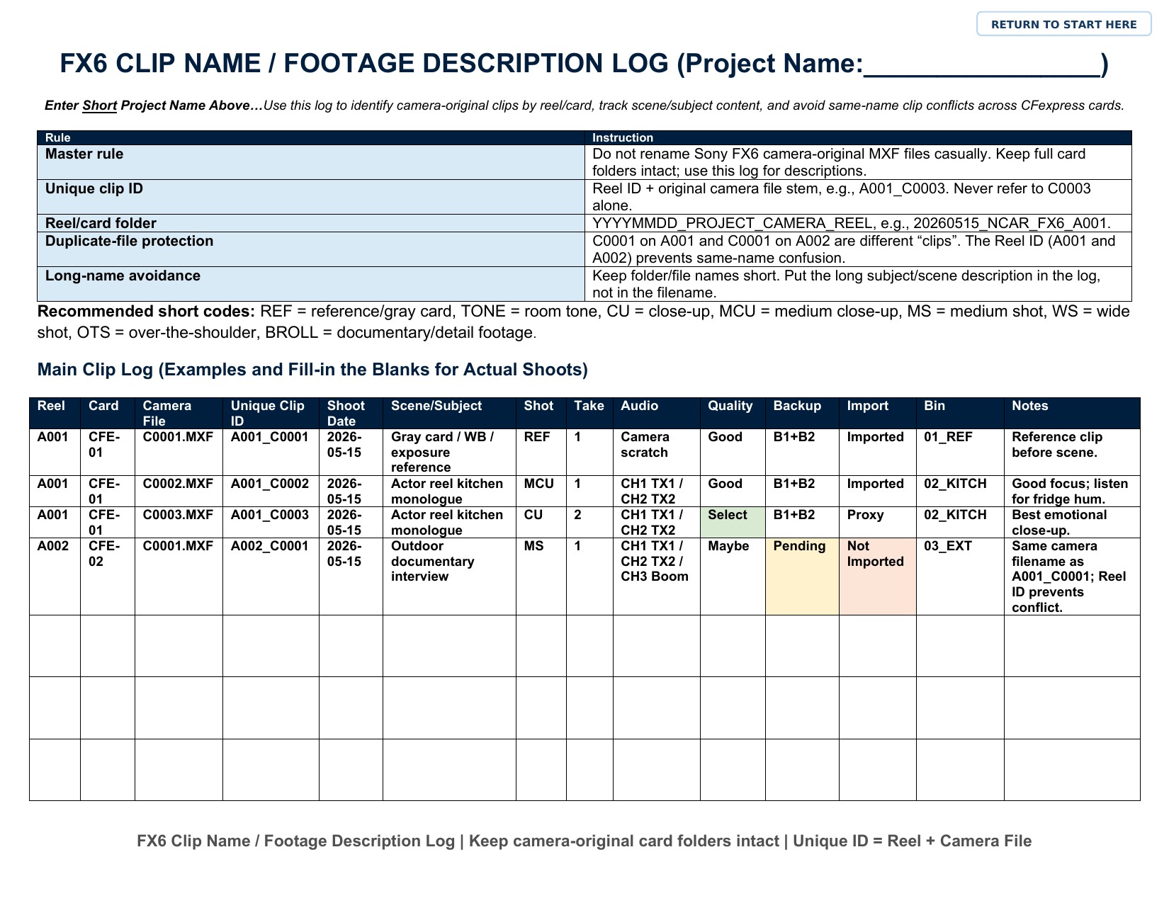 FX6 Clip Name / Footage Description Log - page 1 of 8